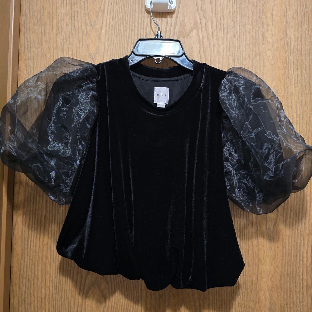 Anthropologie Maeve XXS Velvet Blouse Sheer Organza Puff Sleeve Black Gothic